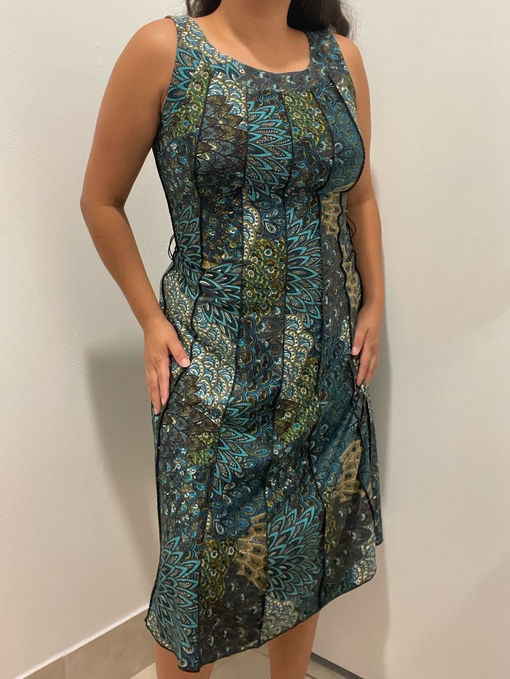 PerSeption Concept Teal & Green Patterned Sleeveless Midi Dress